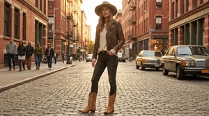 Donna con jeans skinny infilati negli stivali da cowboy e giacca di pelle