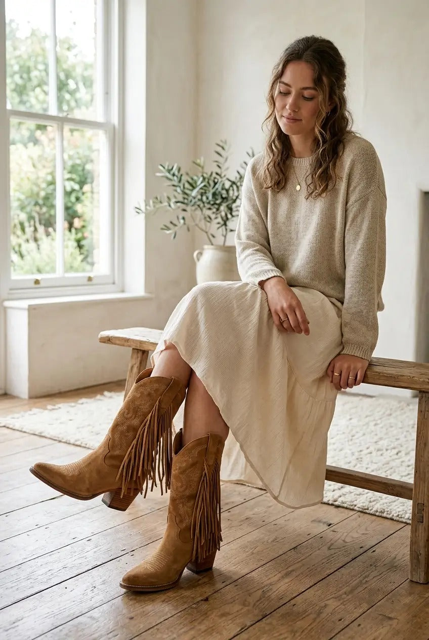 FringeWest | Stivali Texani da Donna con Frange e Zip Laterale - Gambale Largo (foto 5)