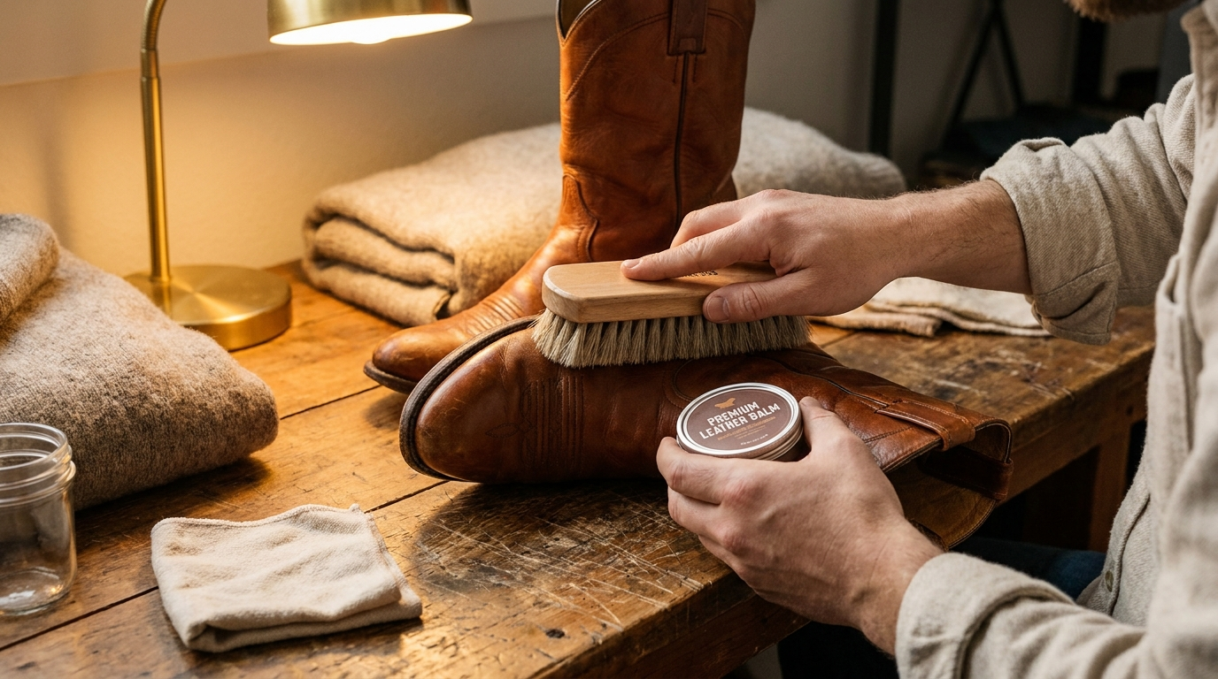 Cura di stivali da cowboy in pelle color cognac con spazzola e balsamo