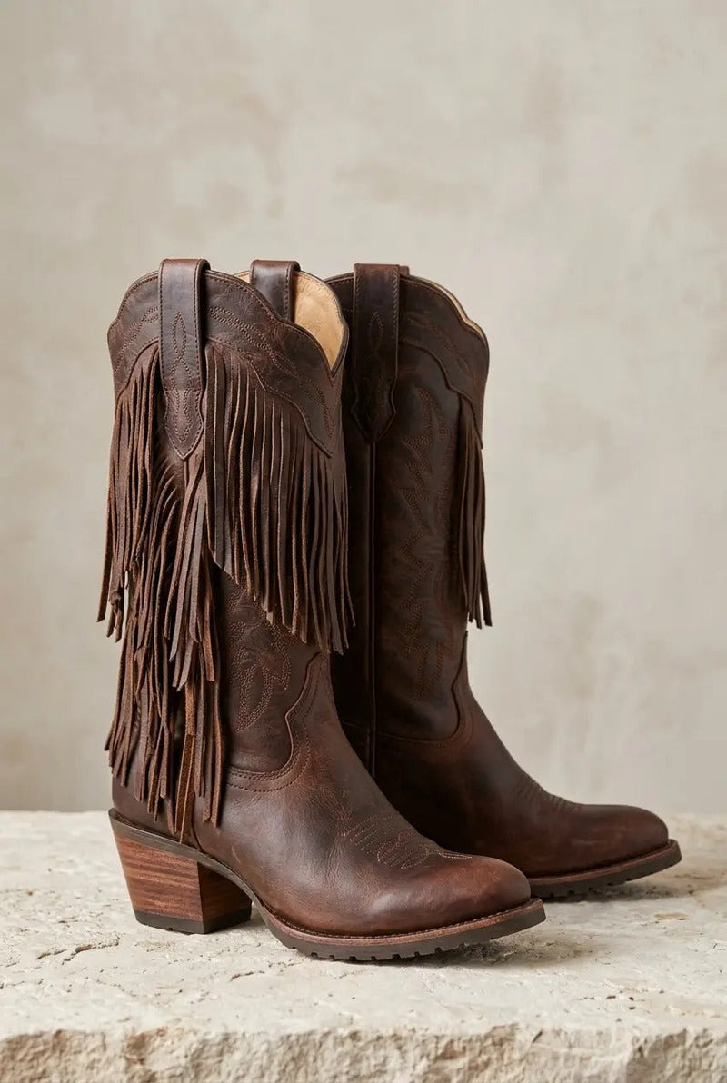 FringeWest | Stivali Texani da Donna con Frange e Tacco a Blocco - Gambale Largo