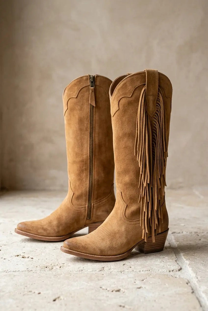 FringeWest | Stivali Texani da Donna con Frange e Zip Laterale - Gambale Largo