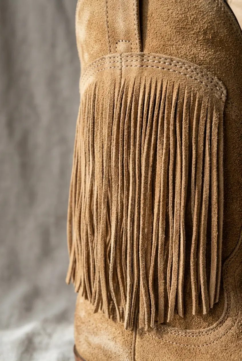 FringeWest | Stivali Texani da Donna con Frange e Zip Laterale - Gambale Largo (foto 3)