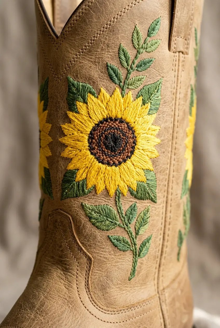 SunRider | Stivali Texani da Donna al Ginocchio con Ricamo Girasole - Gambale Largo (foto 3)